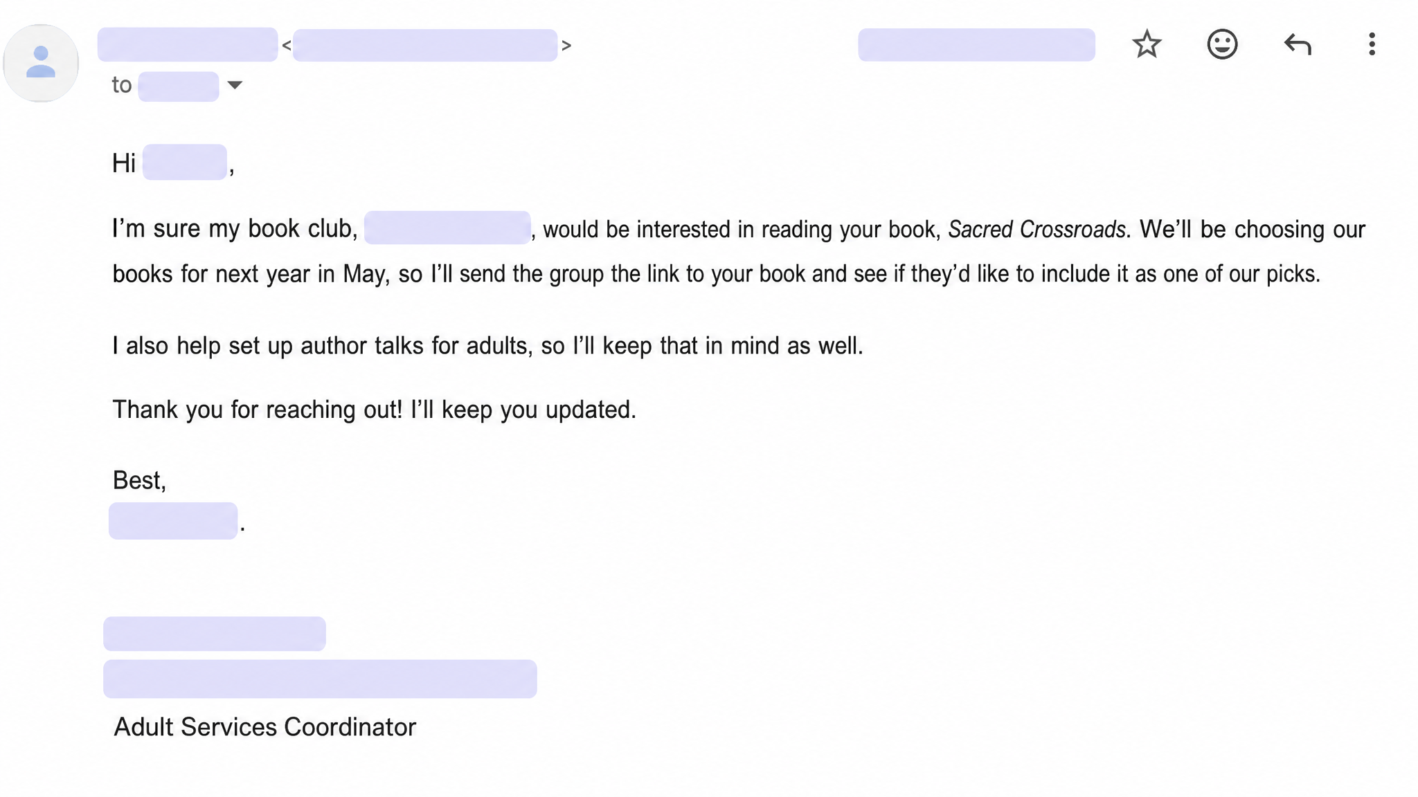 Privacy-redacted reply expressing interest in Sacred Crossroads for a book club and an adult author talk